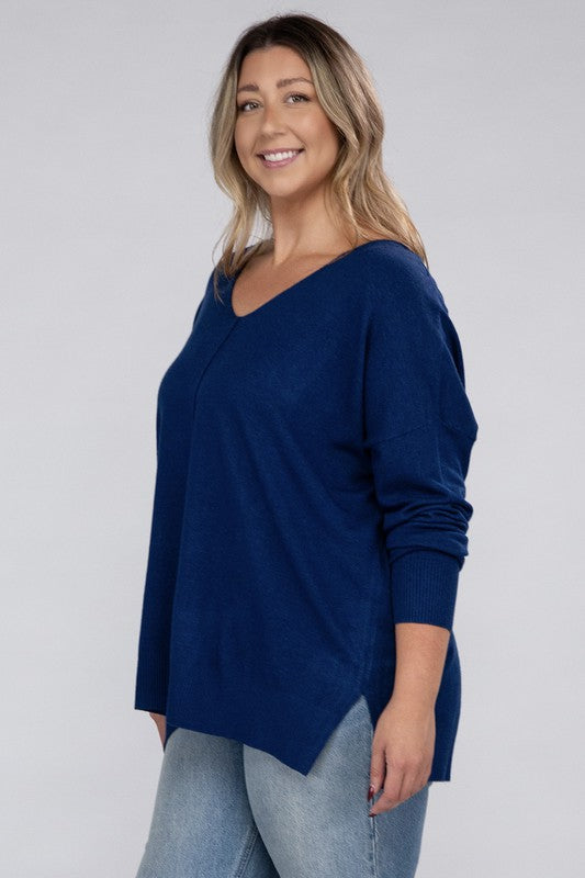 Women's Plus Oversized V-Neck Garment Dyed Sweater