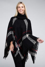 Women's Stretch Plaid Turtleneck Knit Poncho