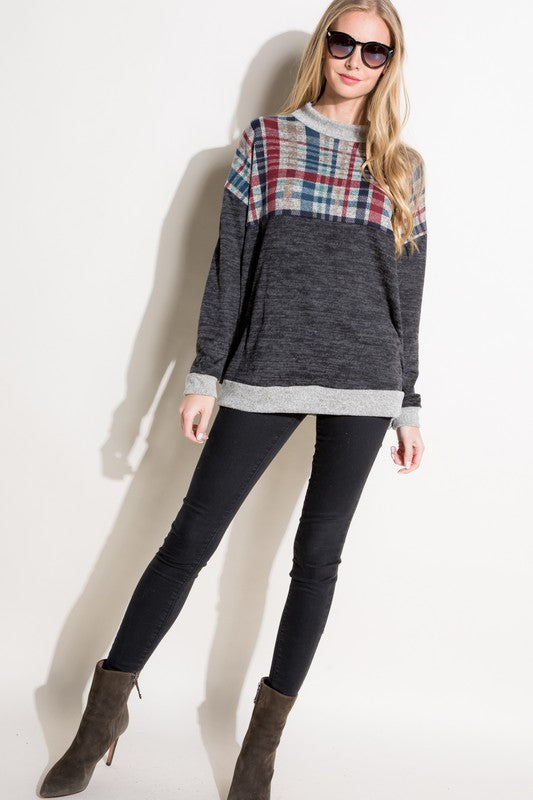 Plus Size Women's Casual Plaid Mock Neck Long Sleeve Top