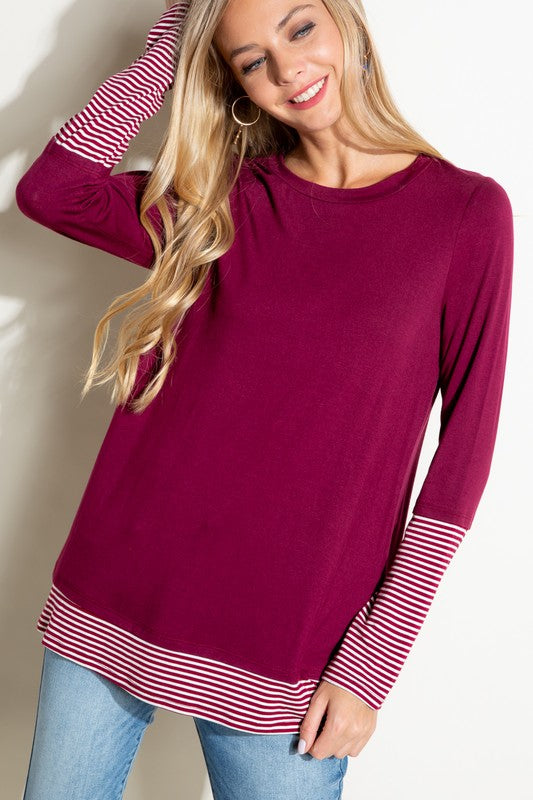 Plus Size Casual Pin Stripe Mixed Long Sleeve Top