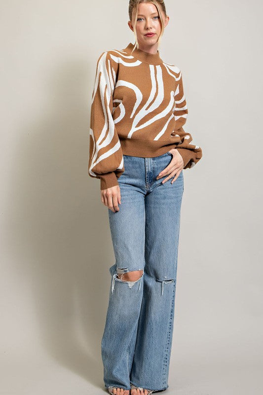 Women's Relaxed Fit Mock Neck Swirl Print Sweater