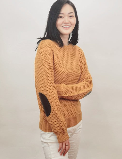 Women's Cozy Honeycomb Stitch Pullover Sweater with Elbow Patches