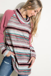 Women's Casual Multi Stripe Turtle Neck Tunic Top