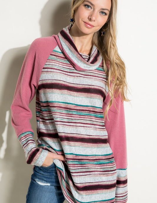 Women's Casual Multi Stripe Turtle Neck Tunic Top