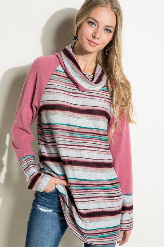 Women's Casual Multi Stripe Turtle Neck Tunic Top