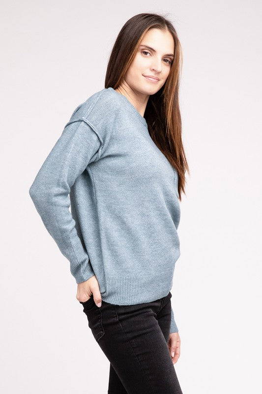 Women's Casual Melange Hi-Low Hem Round Neck Sweater