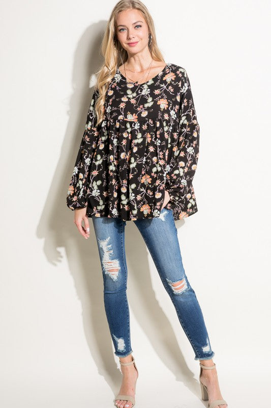 Women's Casual Floral V-Neck Loose Fit Baby Doll Top