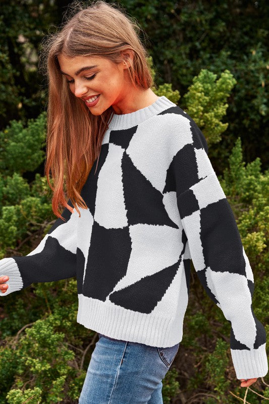 Women's Oversized Geo Checker Knit Sweater Top