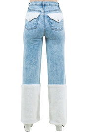 Women's High Rise Wide Leg Jeans with Sherpa Details