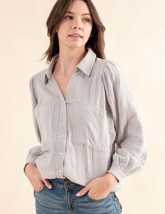 Women's Textured Gauze Button Down Blouse Top