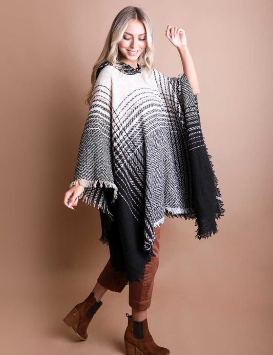 Herringbone Tweed Hooded Frayed Edge Poncho