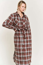 Women's Belted Plaid Print Long Shirt Dress