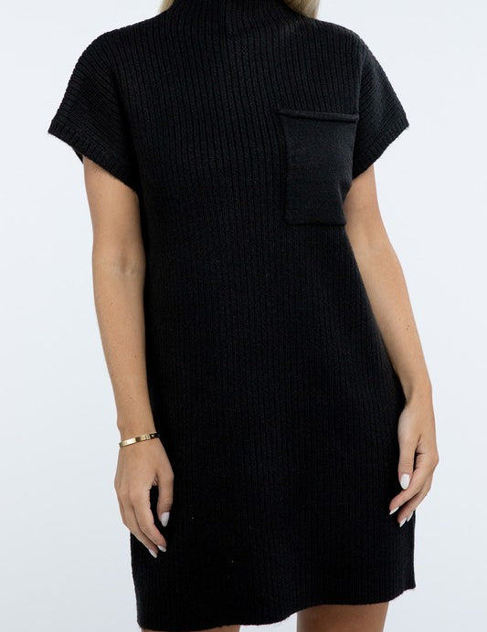 Mock Neck Short Sleeve Sweater Dress with Pocket