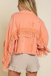 Women's Cropped Fringe Distressed Denim Jacket