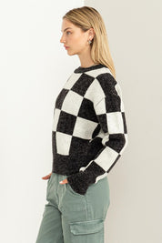 Women's Relaxed Fit Checkered Long Sleeve Sweater