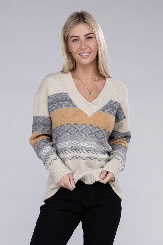 Women's Multicolor Stripe V Neck Sweater