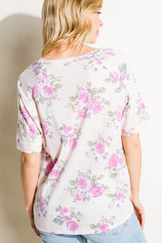 Women's Casual Floral Print Triblend Top with Front Tie