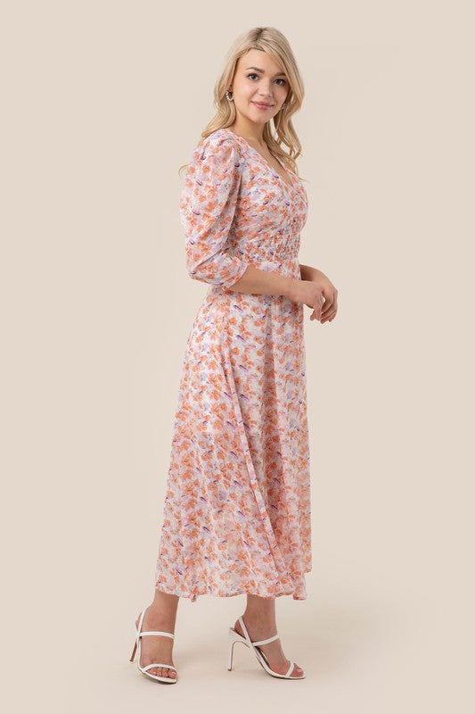 Women's Floral Print V Neck Chiffon Maxi Dress