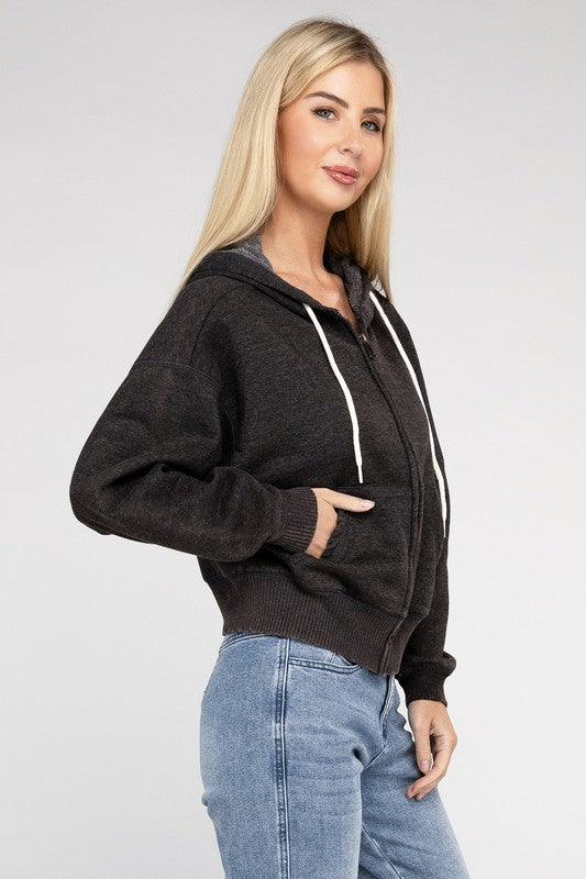 Women's Relaxed Fit Acid Wash Fleece Cropped Zip-Up Hoodie