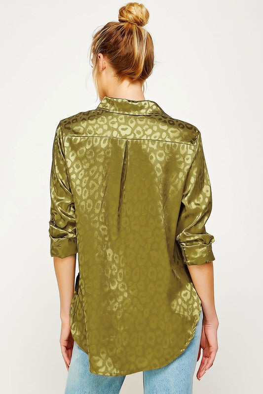 Women's Satin Leopard Print Button Down Top