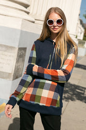 Women's Casual Loose Fit Plaid Mixed Hoodie Sweatshirt