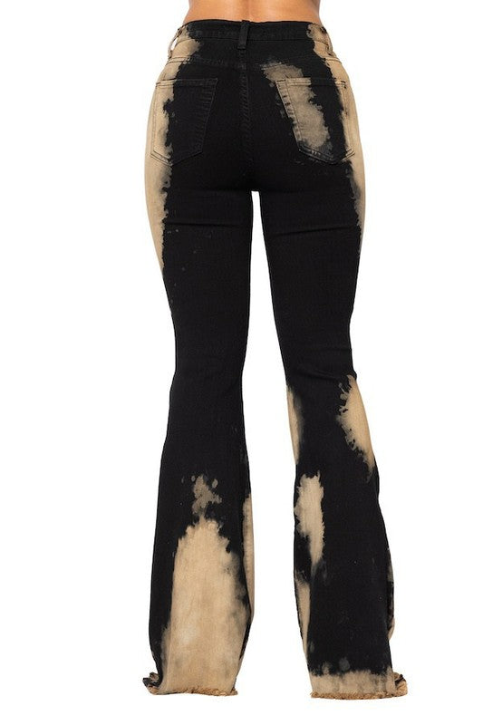 Women's High Rise Flare Jeans with Bleach Detail