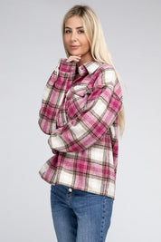 Women's Long Sleeve Checked Shacket with Front Pockets