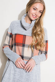 Women's Casual Loose Fit Plaid Mixed Turtle Neck Top