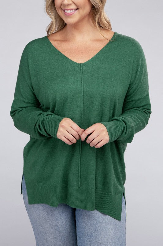 Women's Plus Oversized V-Neck Garment Dyed Sweater