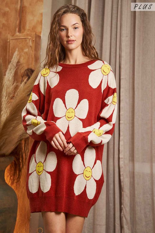 Women's Happy Face Floral Print Knit Sweater Dress