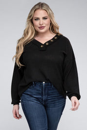 Plus Size Oversized Waffle Knit V-Neck Button Sweater