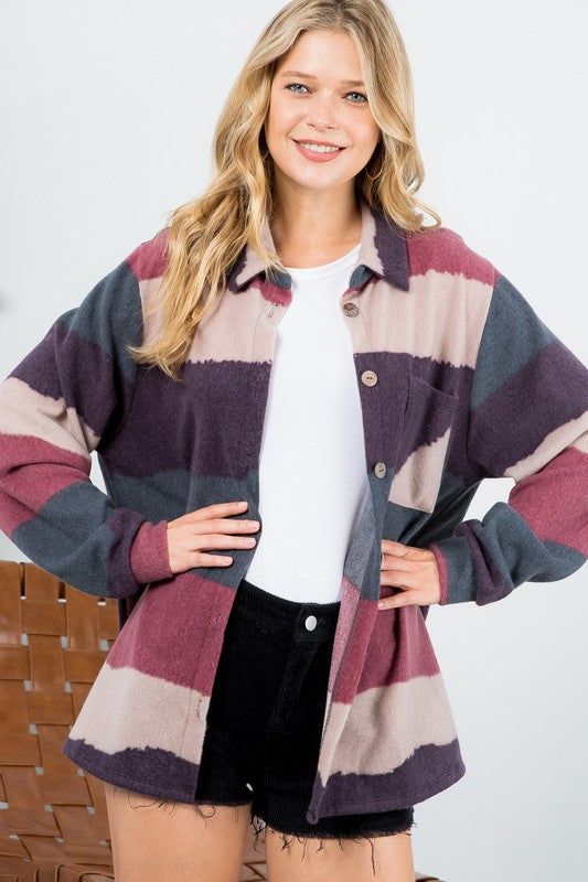 FUZZY STRIPE BUTTON DOWN SHACKET