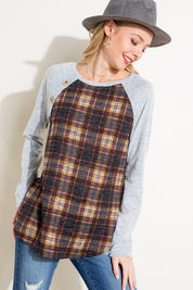 Women's Casual Plaid Mixed Button Detail Long Sleeve Top