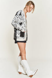 Women's Oversized Heart Paisley Color Block Cardigan