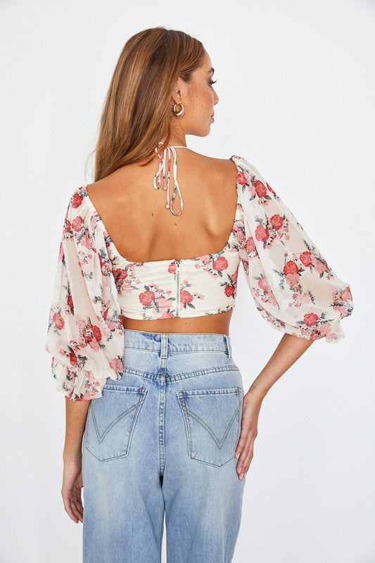 Women's Chic Floral Chiffon Balloon Sleeved Bustier Crop Top