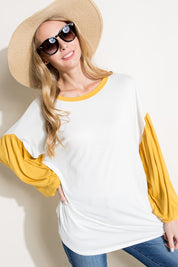 Women's Loose Fit Color Block Puff Sleeve Top