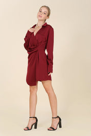 Women's Satin Collared Wrap Mini Dress in Wine and Sage