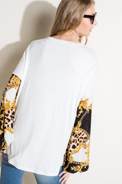 Women's Loose Fit Chain Print and Solid Long Sleeve Top