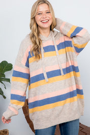 Women's Oversized Multi Stripe Pullover Hoodie Sweater