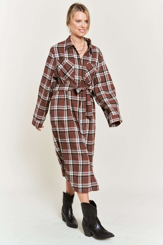 Women's Belted Plaid Print Long Shirt Dress