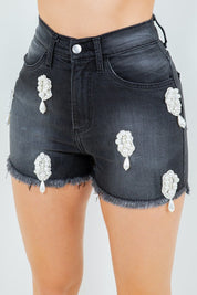 Women's High Rise Pearl Accent Denim Shorts