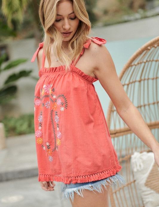 Women's Embroidered Sleeveless Ruffle Tank Top