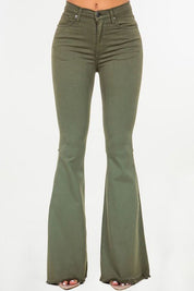 Women's Olive Bell Bottom Jeans with Stretch Denim