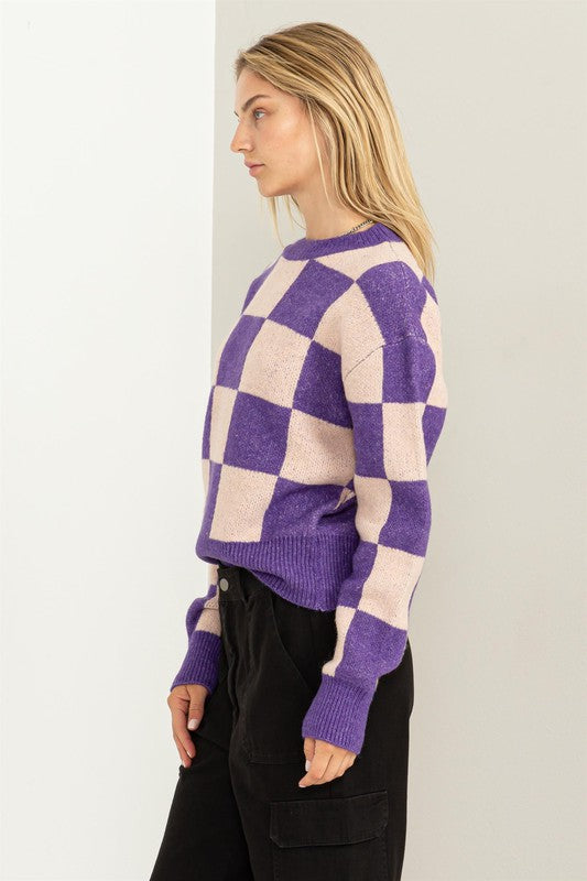 Women's Relaxed Fit Checkered Long Sleeve Sweater