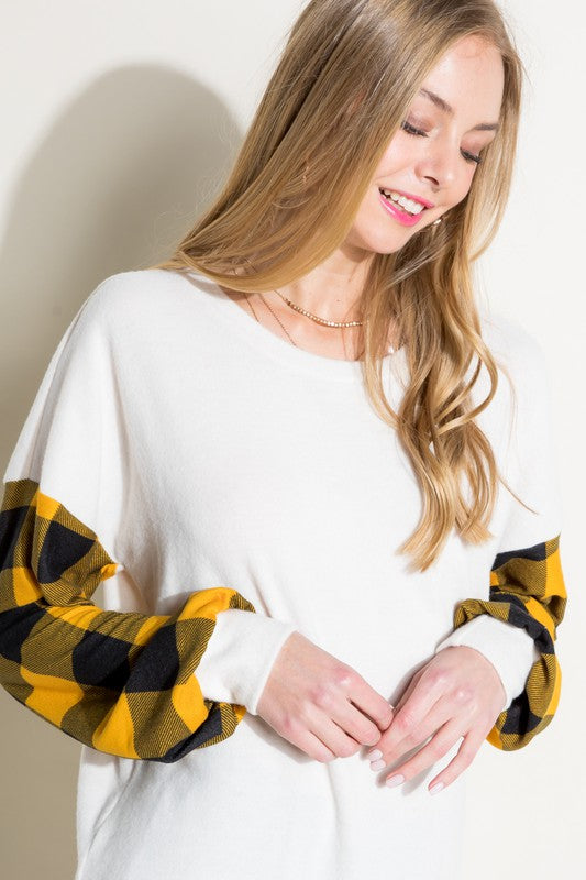 Women's Casual Long Sleeve Solid and Plaid Mixed Top