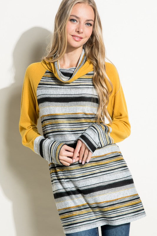 Women's Casual Multi Stripe Turtle Neck Tunic Top