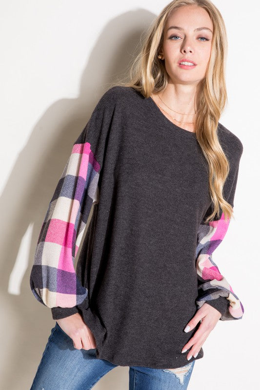 Women's Loose Fit Multi Plaid Long Sleeve Top