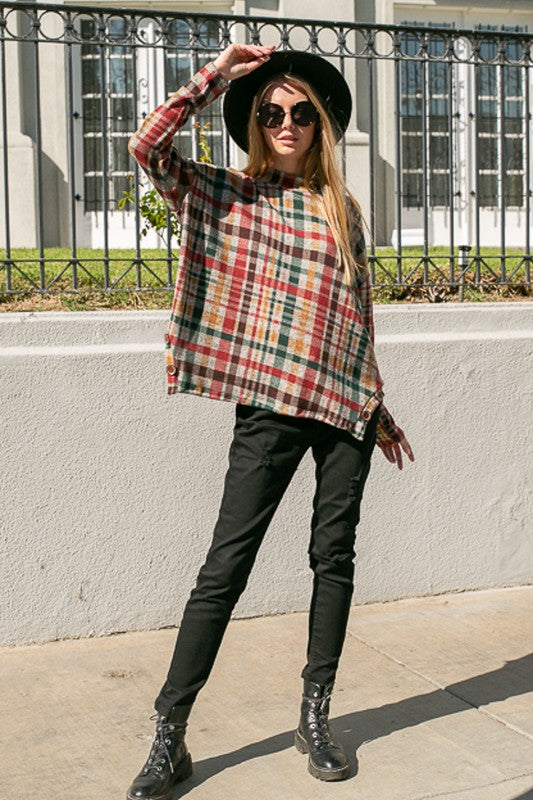 Women's Oversized Plaid Mock Neck Top with Side Buttons