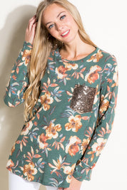 Women's Floral Sequence Pocket Round Neck Plus Top