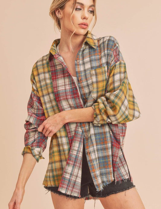 Women's Oversized Flannel Shirt with Patchwork Design